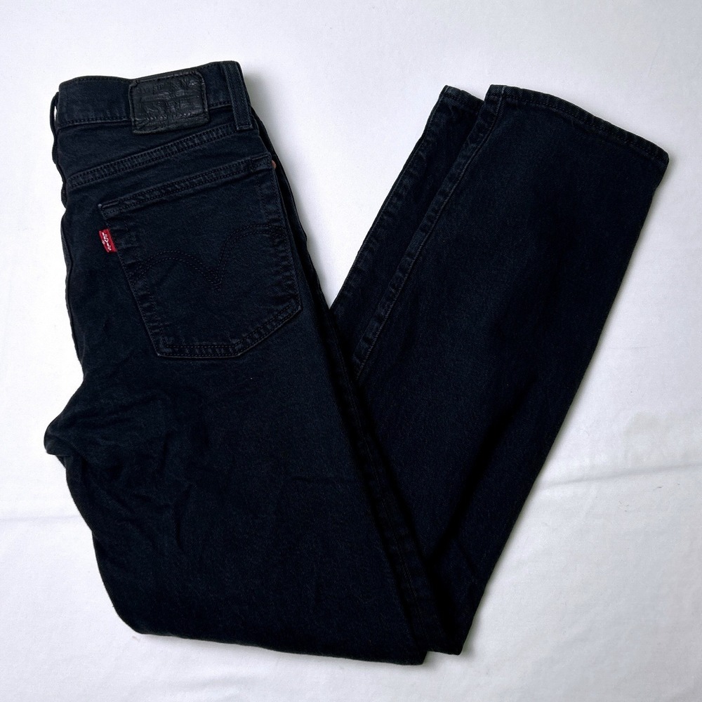 Levis Womens Wedgie Straight High Rise Button Fly Jeans Size 24/0 Black Stretch